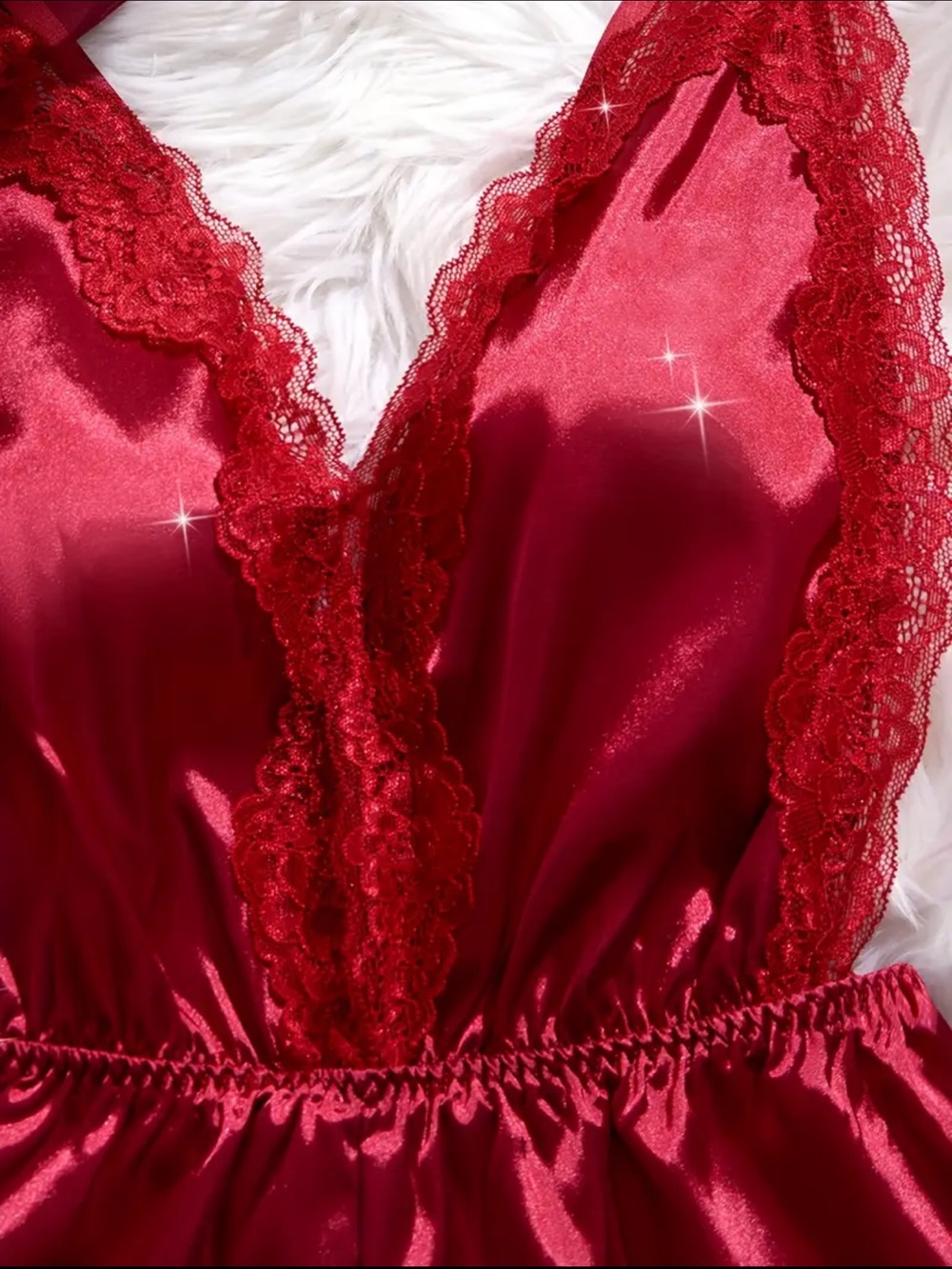 Red, Silky, Lace Trim, Lingerie Romper - Picture 3 of 5